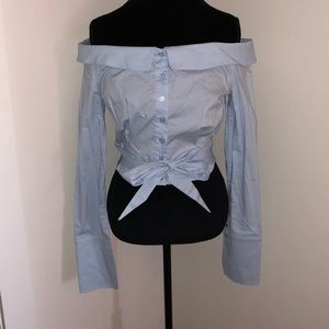 Light Blue Button Down Off the Shoulder Shirt